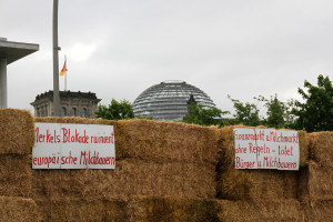 Aus großen Strohquadern hatten die Bauern eine „Mauer“ errichtet, die das „Mauern“ von Angela Merkel und Ilse Aigner, gegen eine flexible Mengensteuerung auf dem Milchmarkt versinnbildlichte und die später eingerissen wurde.